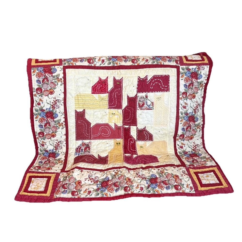 Handmade "Green Eyed Cats" Cat Quilt Square 46"x46"